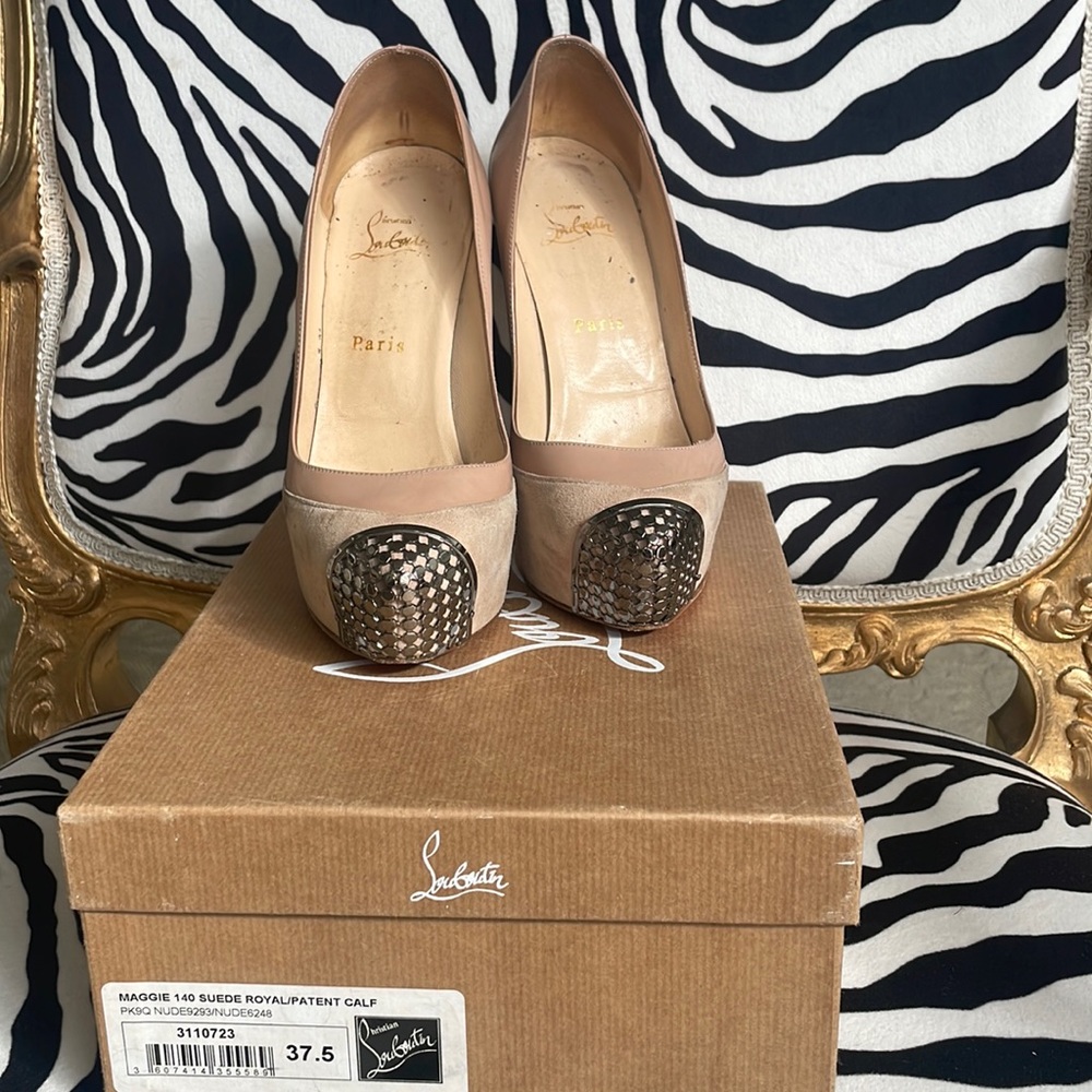 Christian Louboutin Nude Pink Suede Pumps with Metallic Woven Toe Caps
